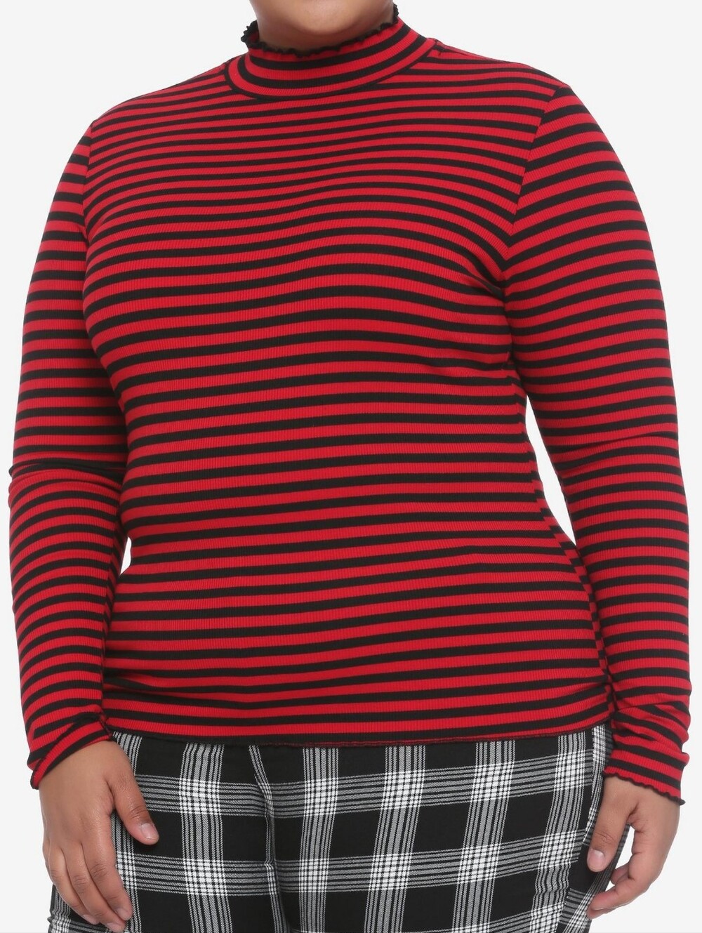 Hot Topic Red & Black Striped Mock Neck Top Lettuce Hem Ribbed Knit 2XL